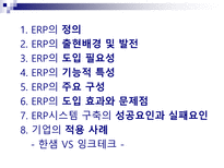 ERP ERP 정의 ERP 출현배경 ERP 발전 ERP 도입 필요성 ERP 기능적 특성 ERP 주요 구성 ERP 도입 효과 ERP 도입 문제점 ERP 성공요인 ERP 실패요인 ERP 적용 사례 ERP 한샘 사례 ERP 잉크테크 사례-2